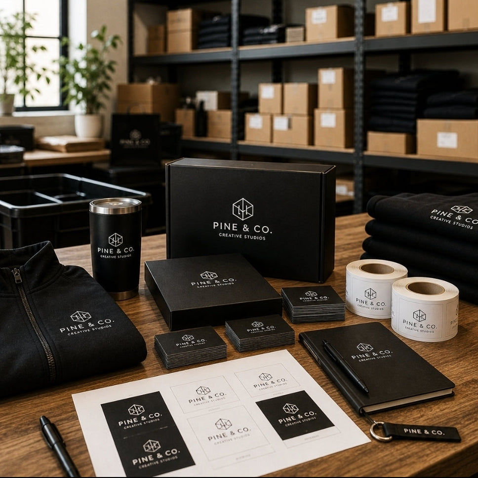 Collection of Pine & Co. branded products on a wooden table with shelves in the background.